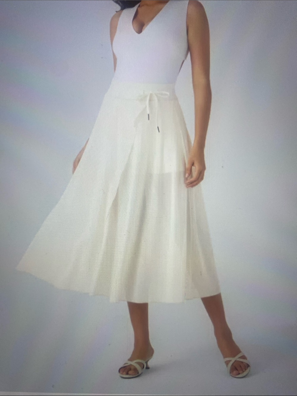 LARGE.   HALARA DRAWSTRING CONTRAST MESH 2 IN 1 FLOWY MIDI FLARE SKIRT